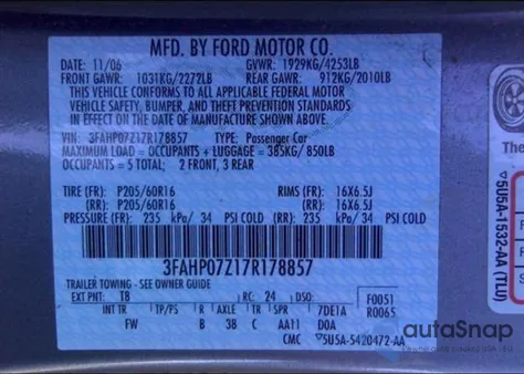 2007 Ford Fusion Se z USA, uszkodzony, nr VIN 3FAHP07Z17R178857
